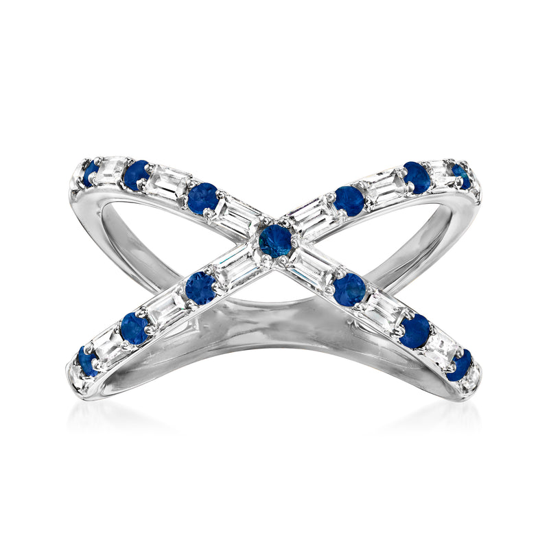 14kt white gold crisscross ring with blue sapphire and clear diamond accents