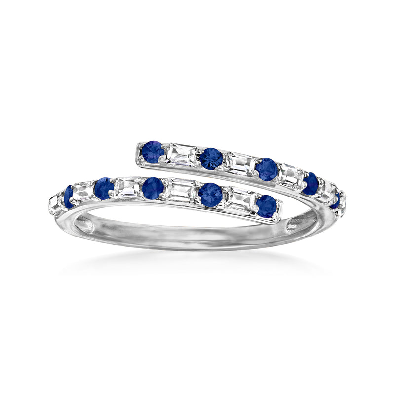 14kt white gold bypass ring with blue sapphires and diamond-like accents