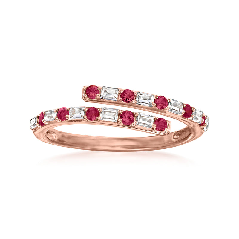 14kt rose gold bypass ring with ruby and diamond-accent stones