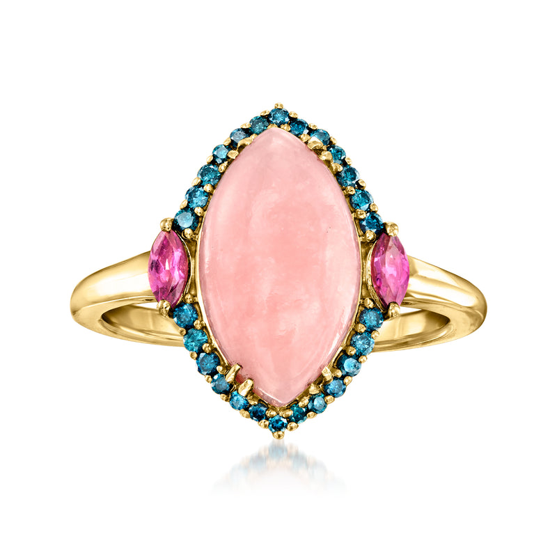 Oval pink gemstone ring with blue halo and pink accents in 14kt yellow gold