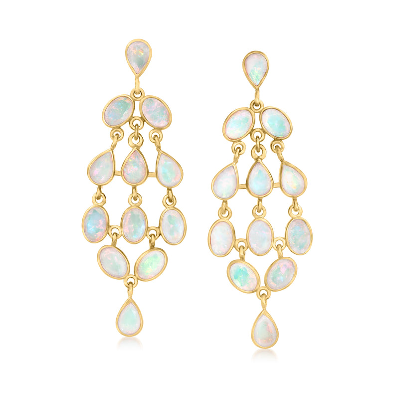 Gold over sterling drop chandelier earrings with opal teardrop stones