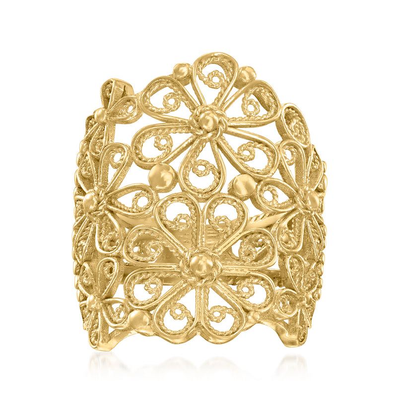 Gold openwork filigree ring with intricate heart and swirl cutouts, rounded band