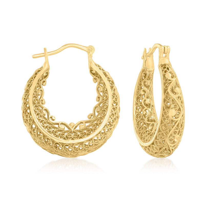 Gold over sterling filigree hoop earrings with textured scalloped edge