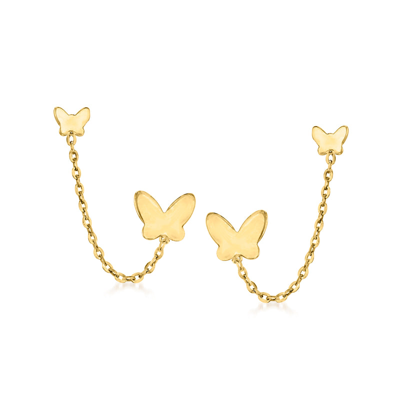 14kt yellow gold butterfly chain double-piercing earrings, post backs with dangling chains