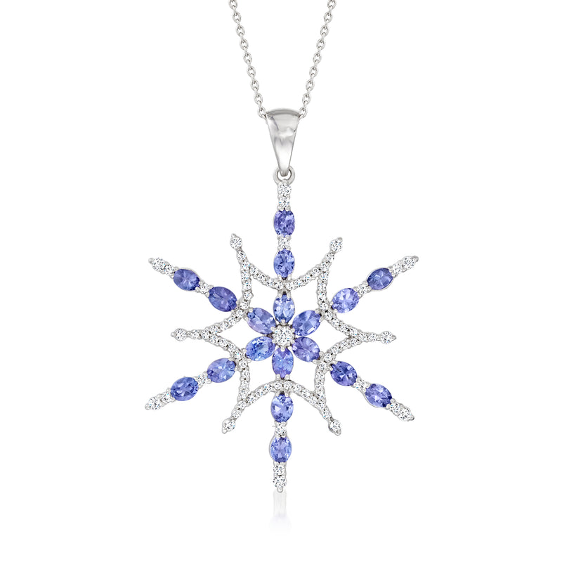Sterling silver snowflake pendant necklace with blue stones and clear zircon accents