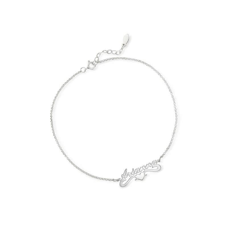 Sterling silver personalized name heart anklet with lobster clasp and extender chain
