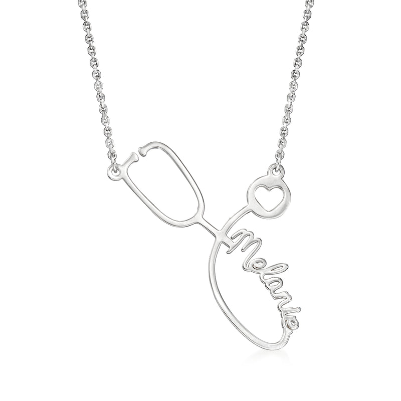 Sterling silver stethoscope necklace with heart charm and personalized cursive name pendant