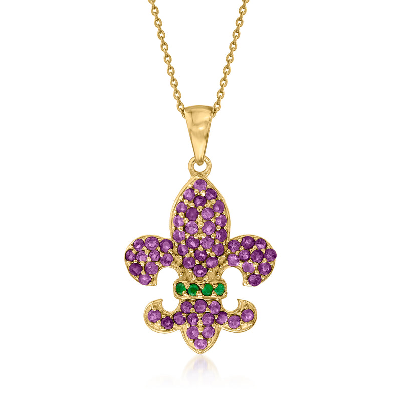 Gold pendant necklace with purple amethyst fleur-de-lis and green emerald accents