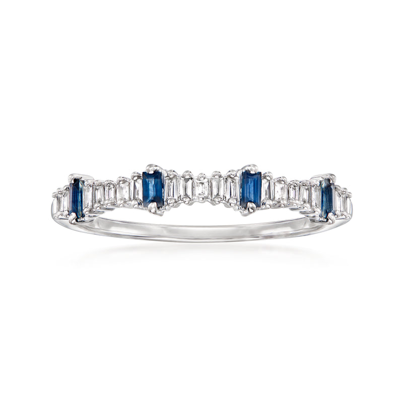 14kt white gold stackable ring with blue sapphire and diamond baguette accents