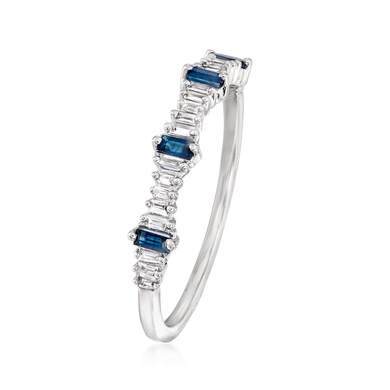 14kt white gold sapphire and diamond stackable ring with rectangular blue stones