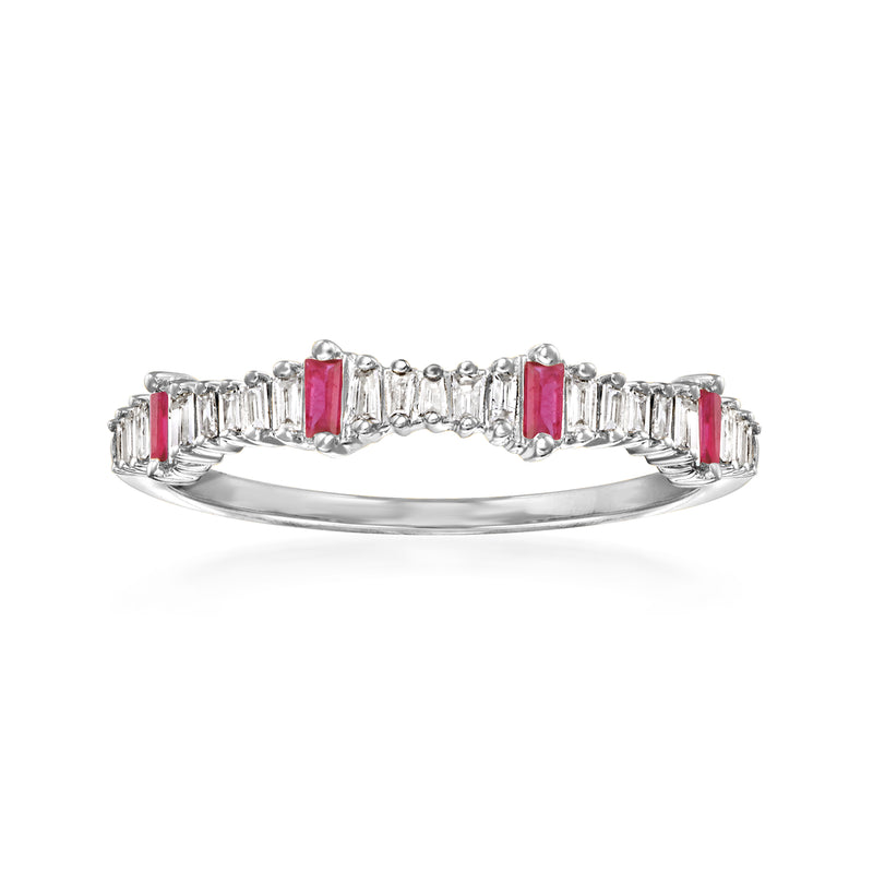 14kt white gold ring with red ruby rectangles and clear baguette diamonds across band