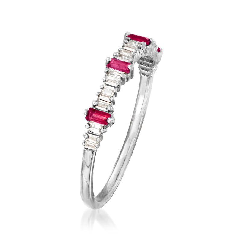 14kt white gold ruby and diamond band ring, side view with red rectangular stones