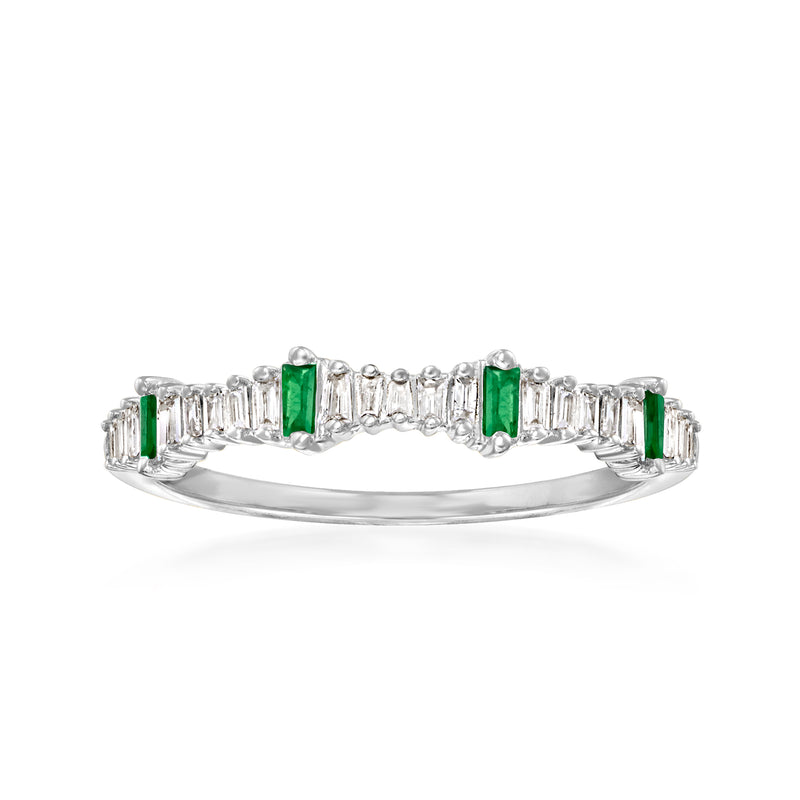 White gold diamond and emerald band ring with green emerald accents