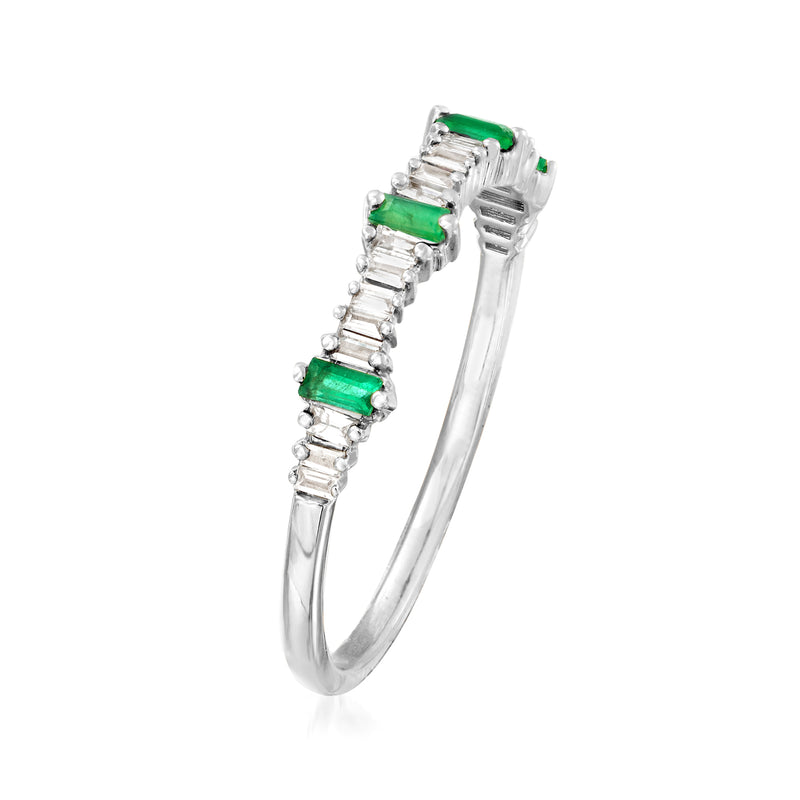 14kt white gold ring with green emerald stones and baguette diamonds
