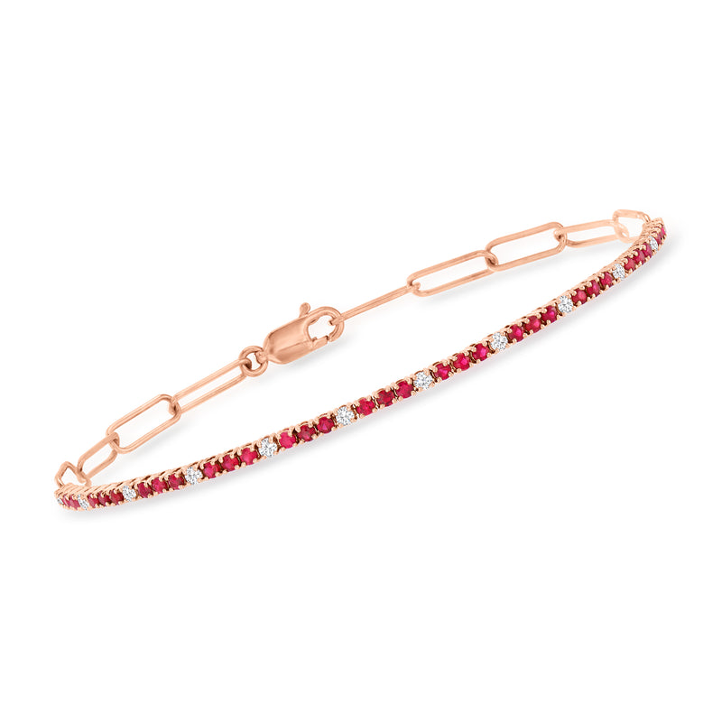 14k rose gold ruby and diamond paper clip link bracelet with red gemstone row