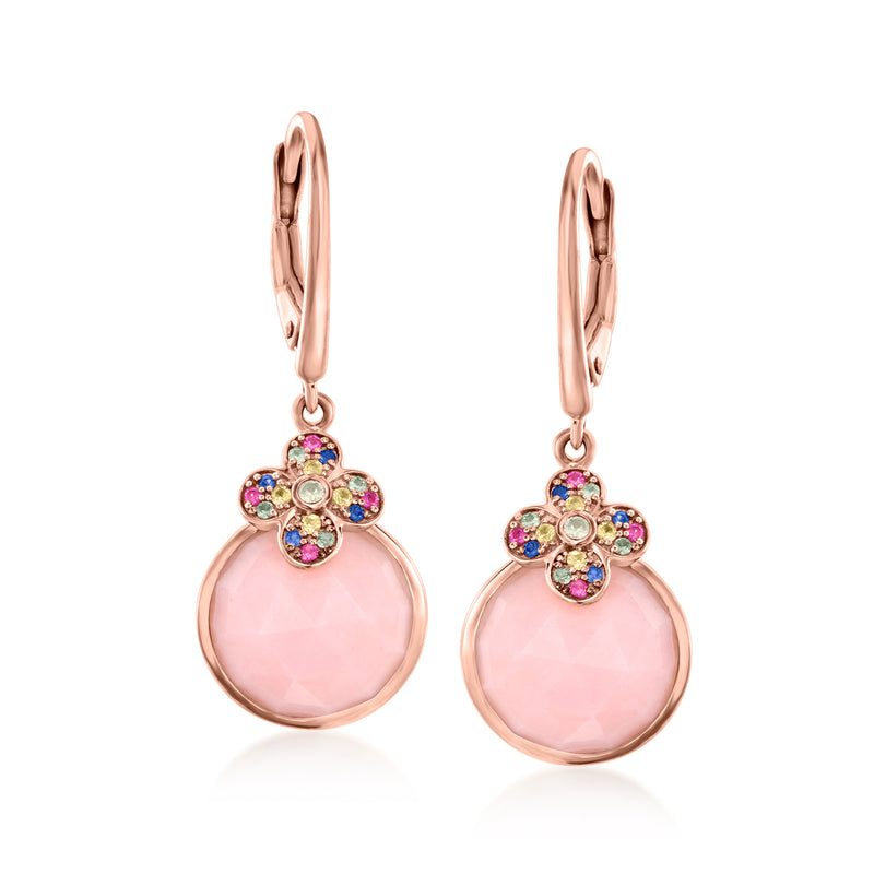Rose gold leverback drop earrings with round pink gemstone and multicolor flower accents