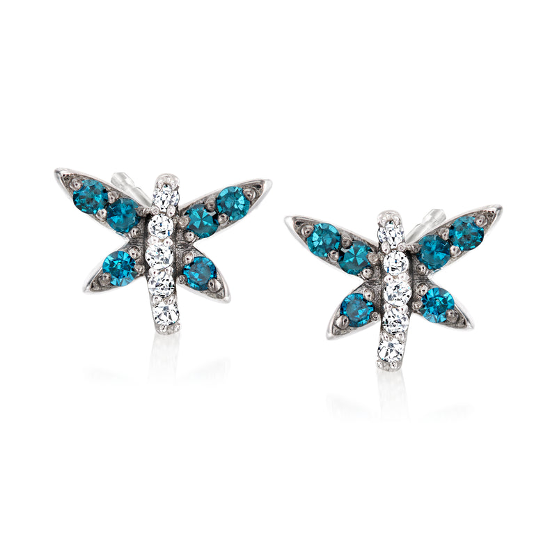 Sterling silver dragonfly stud earrings with blue and white stones, post backs