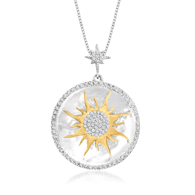 Two-tone sterling silver sun medallion pendant necklace with diamond center and halo