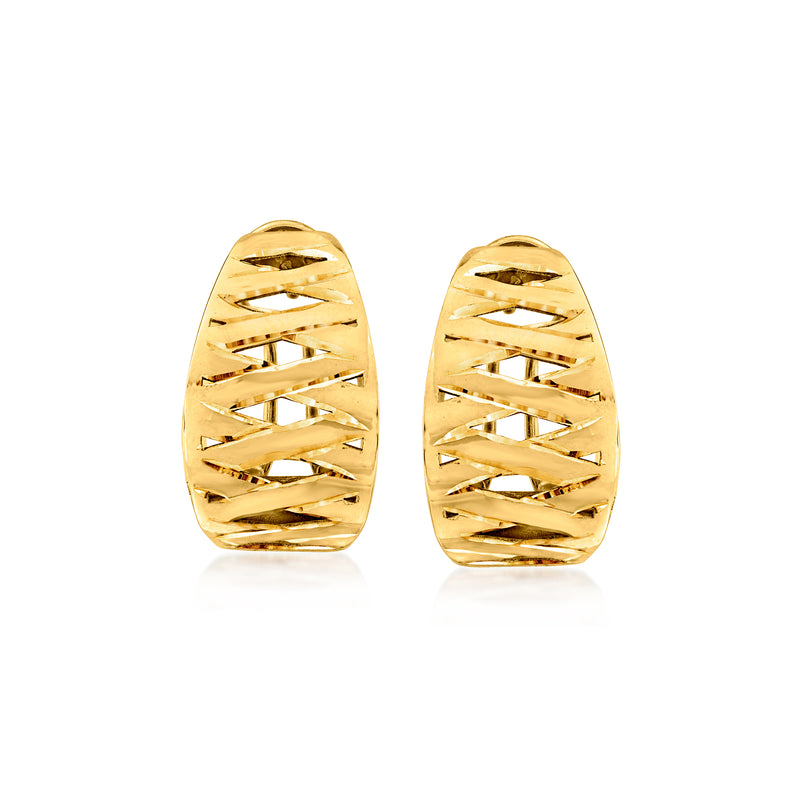 14kt yellow gold oval drop earrings with open lattice cutouts