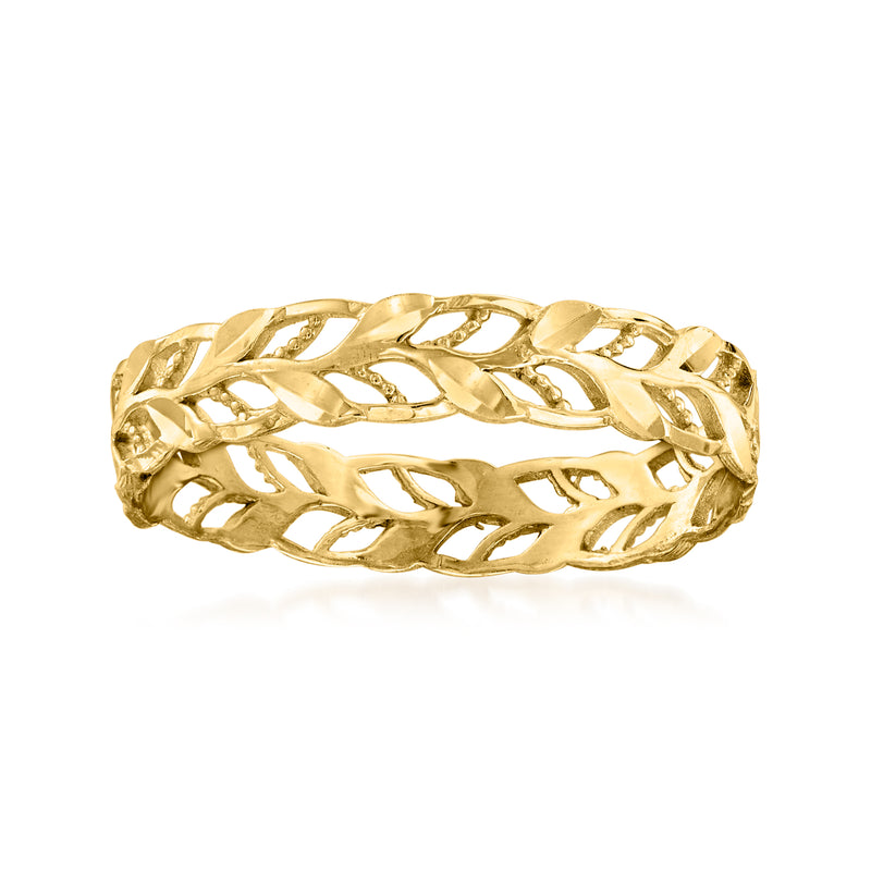 14kt yellow gold openwork leaf ring, polished band with lattice leaf cutouts