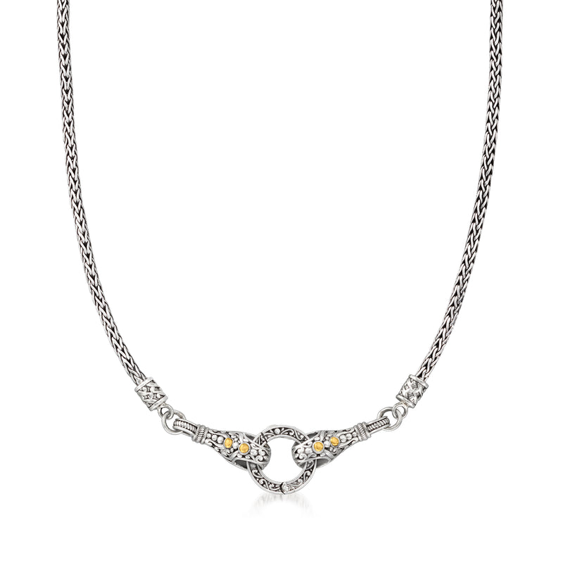 Sterling silver woven chain necklace with ornate heart charm enhancer and yellow accents