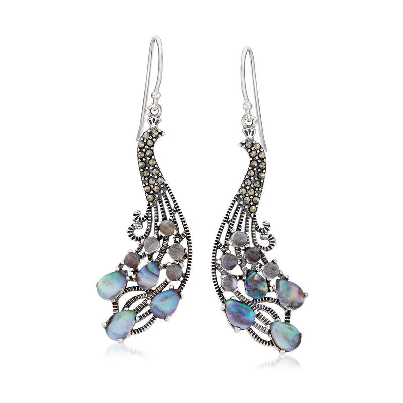 Sterling silver drop earrings with peacock motif, marcasite and abalone shell inlays