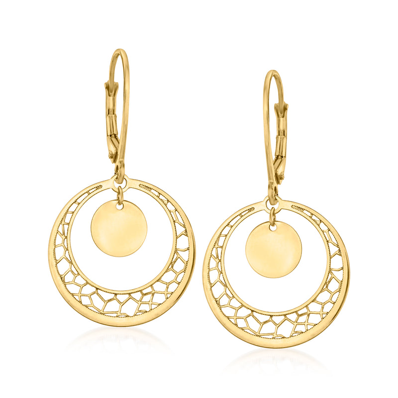 Yellow gold openwork circle drop earrings with round disc, leverback style