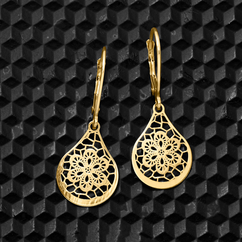 Yellow gold openwork teardrop lace earrings on leverback hooks, front view