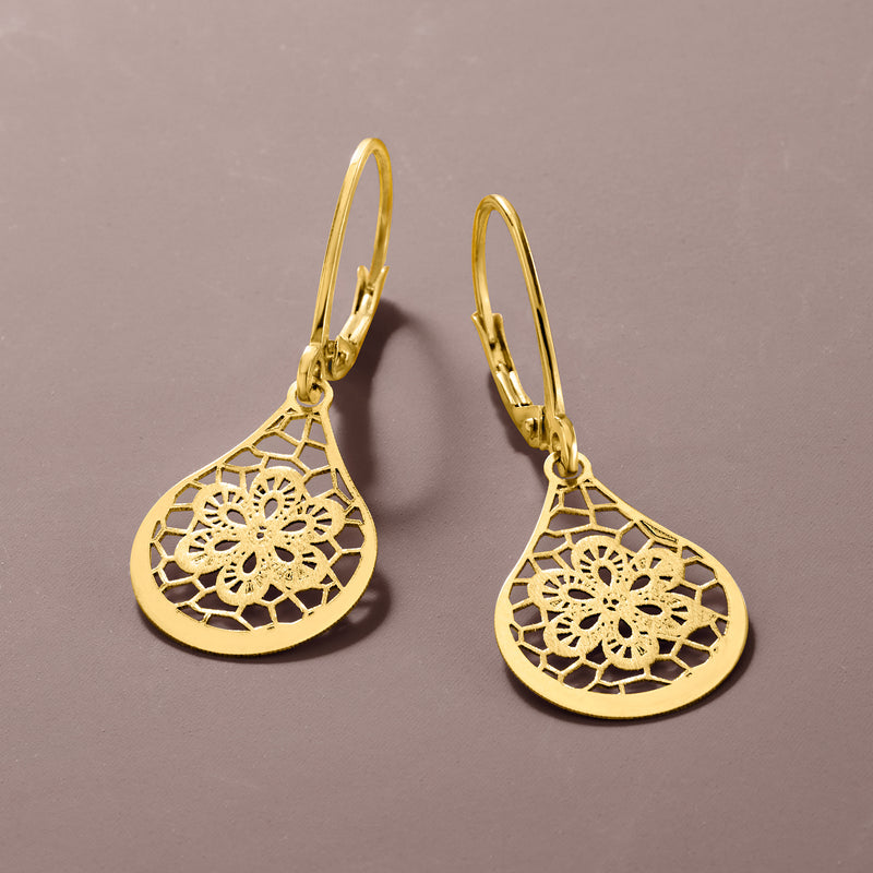 Yellow gold openwork floral lace teardrop earrings, side view with leverbacks