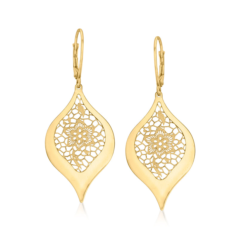 14kt yellow gold teardrop lace openwork floral leverback earrings