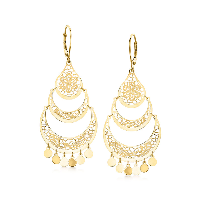 Yellow gold openwork floral lace chandelier earrings with leverback, layered hoops and coin drops