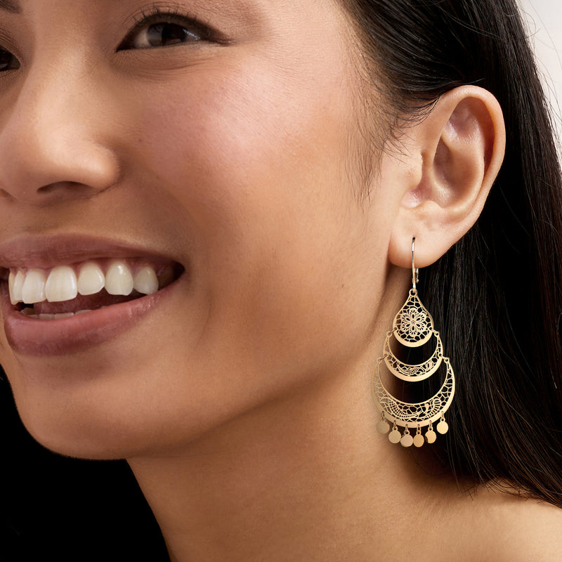 Yellow gold openwork floral lace chandelier earrings with leverback and coin drop fringe