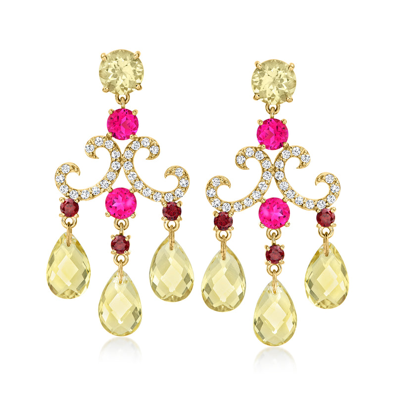Gold-tone chandelier drop earrings with round yellow, pink, and marquise teardrop gemstones