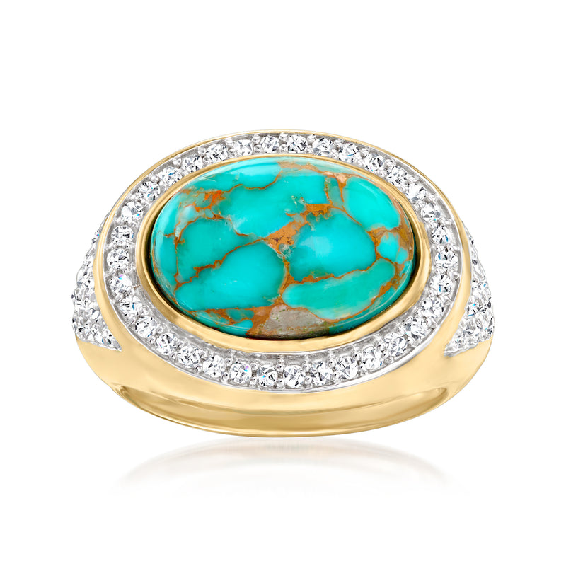 18kt gold over sterling zircon ring with turquoise oval cabochon and round clear stone halo