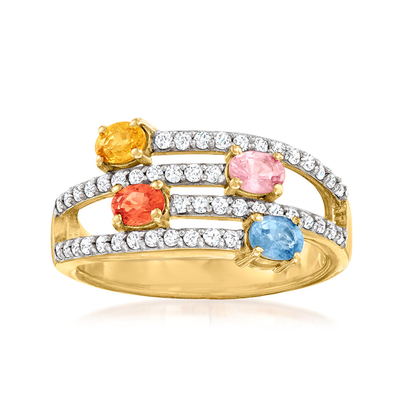 18kt gold over sterling silver multi-row ring with multicolored round stones and zircons