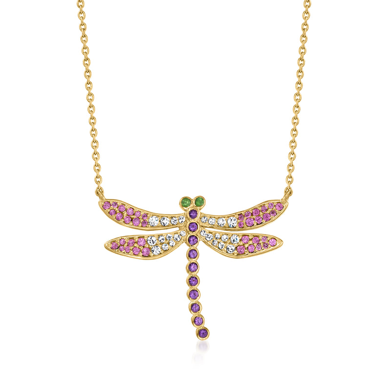 Gold dragonfly pendant necklace with pink, clear, and green gemstones on a chain
