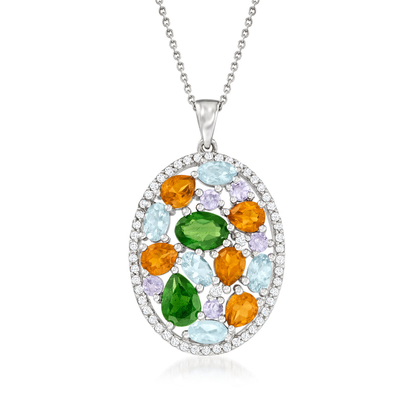 Sterling silver oval pendant necklace with multi-gem stones and diamond halo