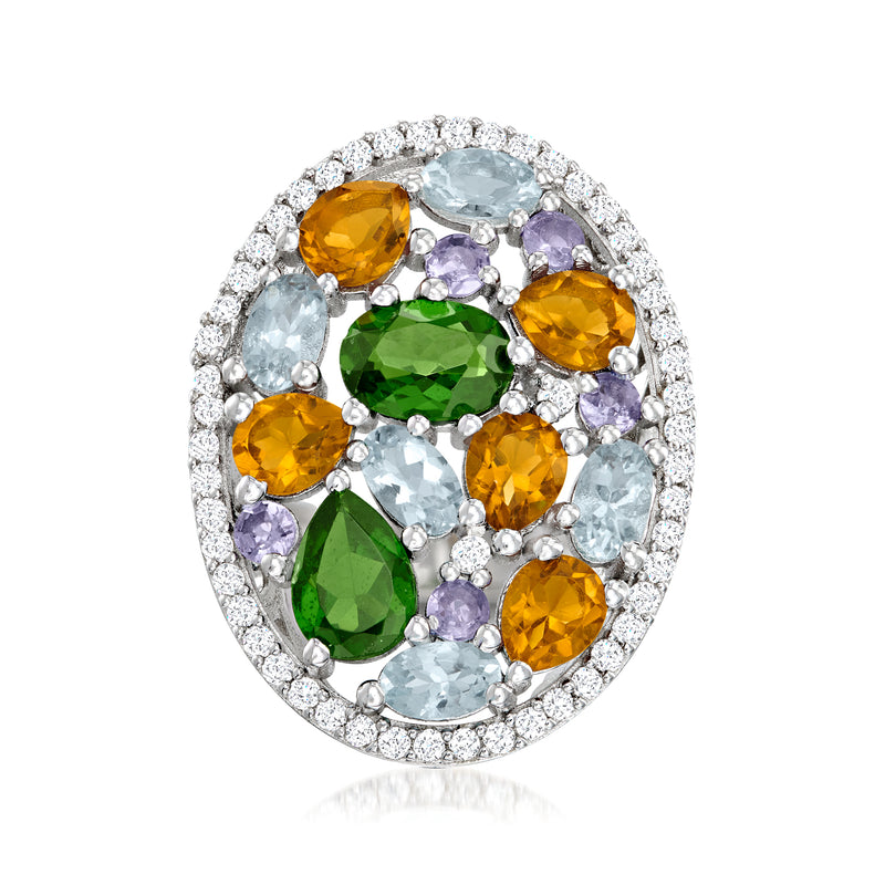 Sterling silver multi-gemstone oval ring with round-cut halo and mixed colored gemstones