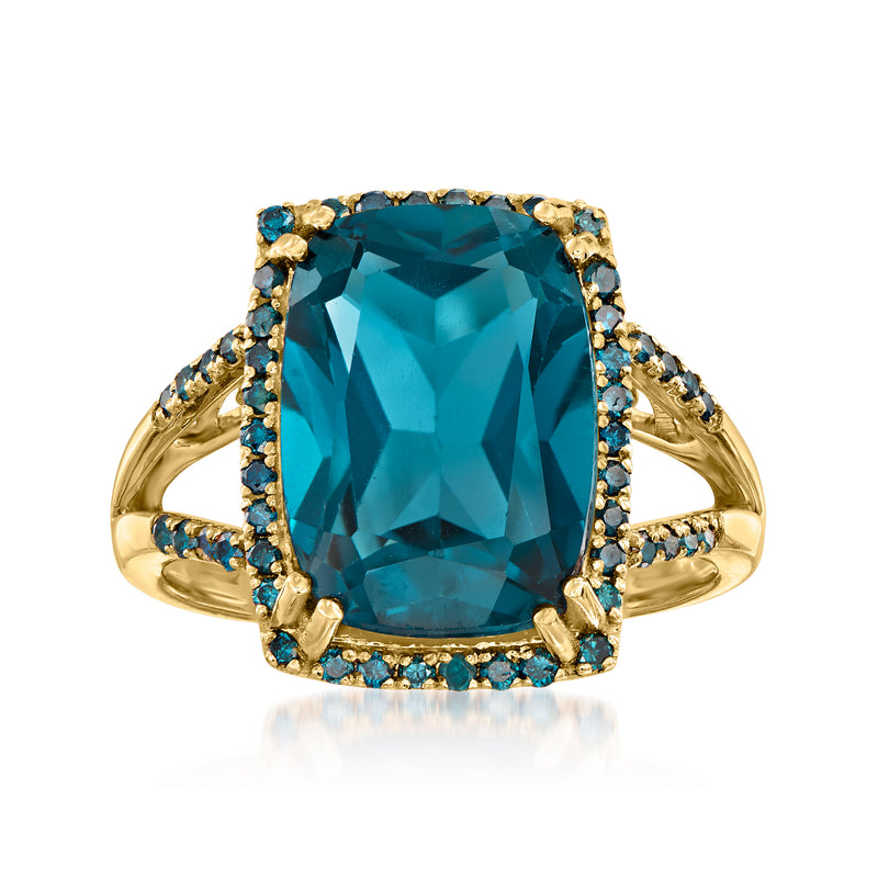 Blue topaz cushion-cut ring in 14kt yellow gold with diamond halo accents