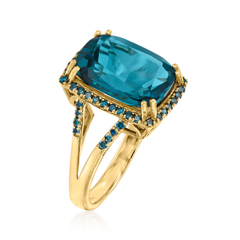 Blue topaz cushion-cut ring with diamond halo and side prong detail, 14kt yellow gold