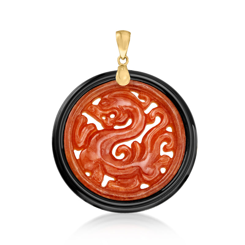 Dragon circle pendant with red stone in black bezel and 14kt yellow gold bail