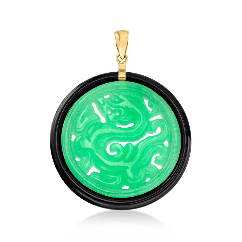 Yellow gold circle pendant with green jade dragon and black agate rim
