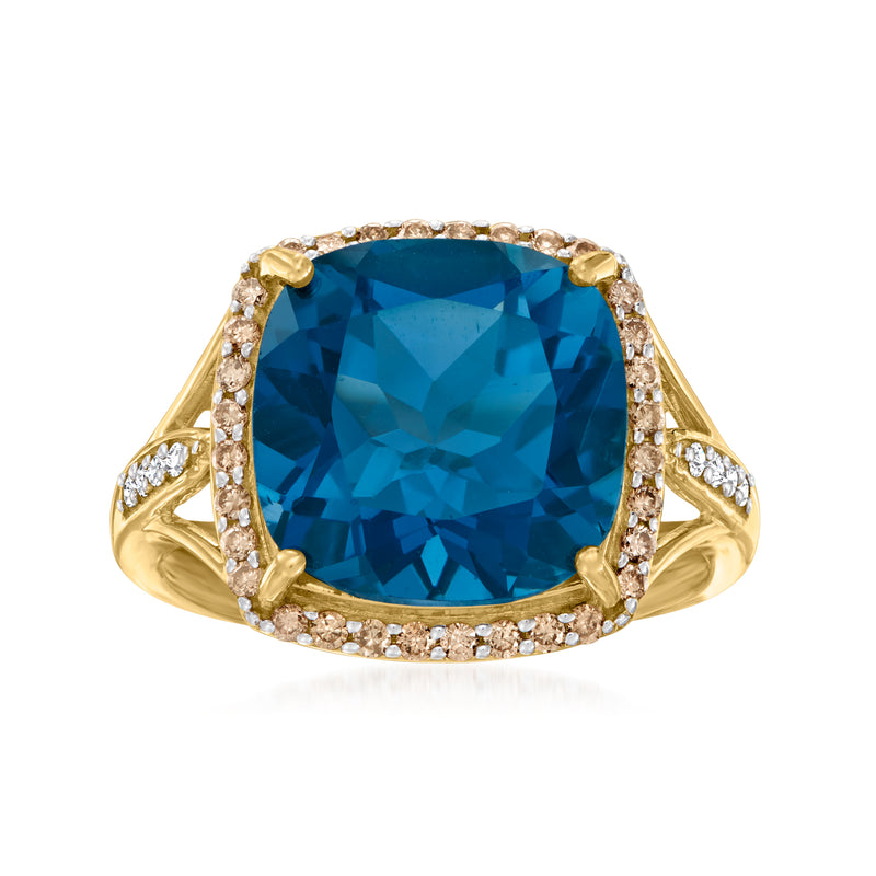 14kt yellow gold ring with large London blue topaz and diamond halo