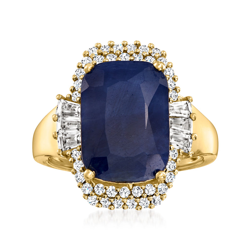 18kt gold over sterling ring, dark blue cushion sapphire with white zircon halo