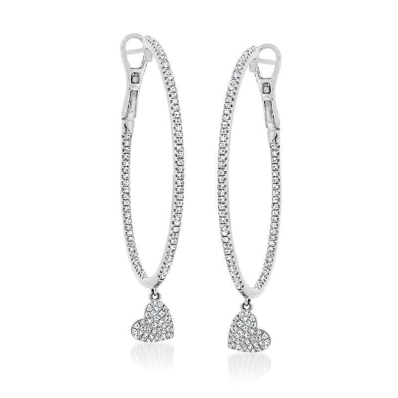 Diamond heart hoop drop earrings in white gold with clip backs