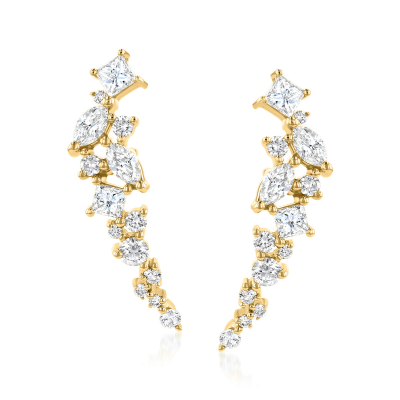 14kt yellow gold diamond ear climber post earrings with clustered round stones in prongs