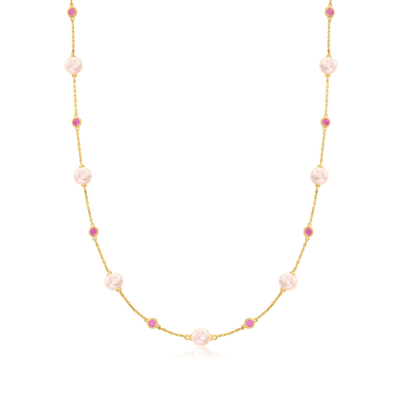 14kt yellow gold necklace with pink cultured pearls and pink topaz stations