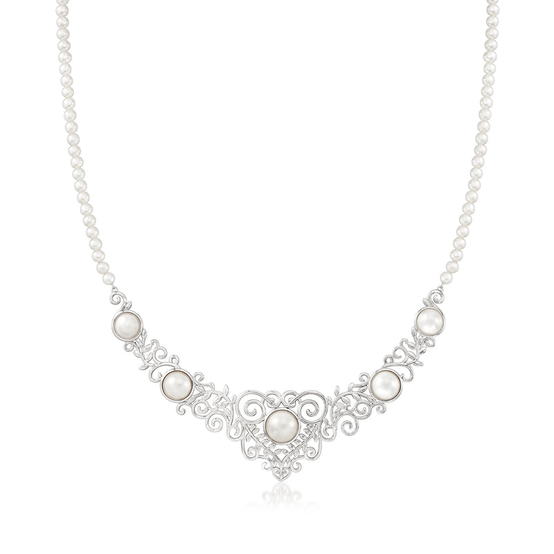 Sterling silver pearl bib necklace with round white cultured pearls and ornate filigree