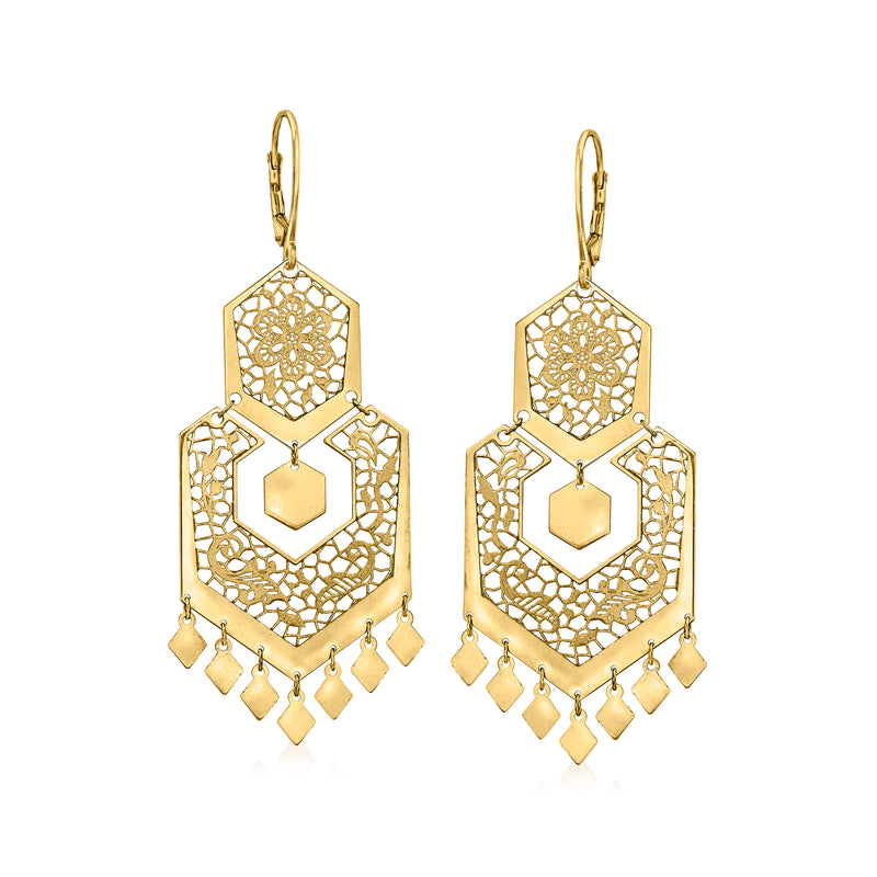14kt yellow gold openwork floral chandelier earrings, leverback, with dangling drops