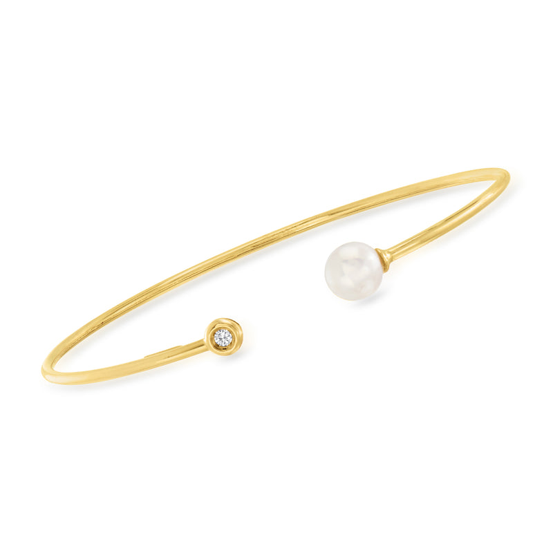 14kt yellow gold cuff bracelet with round cultured pearl and small diamond accent